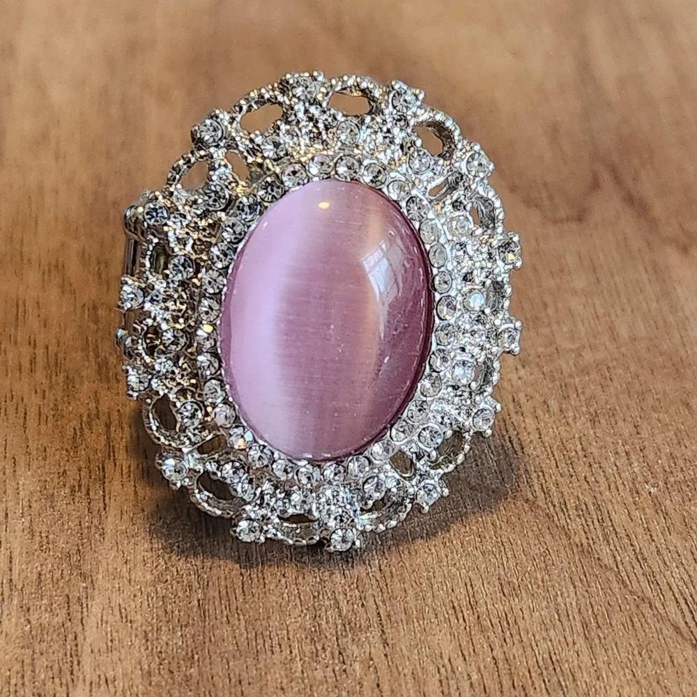Paparazzi Pink Cat Eye Rhinestone Silver Filigree Stretch Cocktail Ring